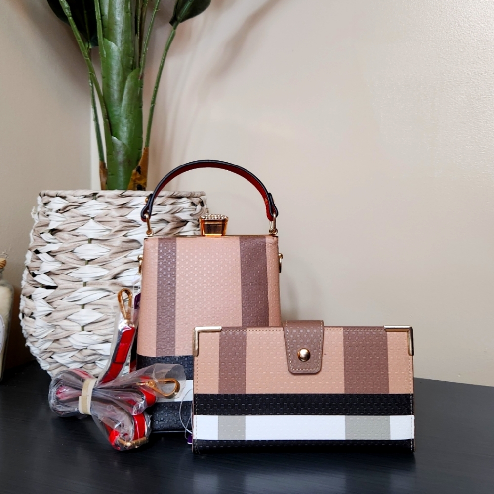 BRAND NEW Tan/White/Black/Red Purse & Wallet Set with Adjustable Crossbody Strap